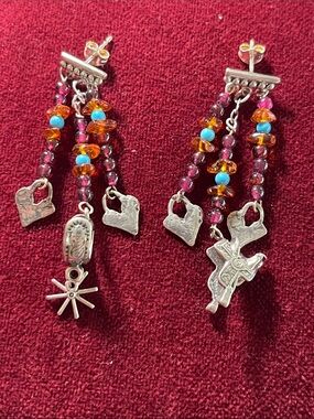 Handmade Sterling Silver, Turquoise, Garnet and Amber Earrings